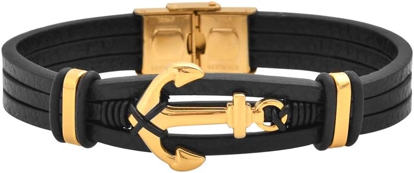 Men's Multi-Strand Genuine Leather Bracelet with Stainless Steel Anchor Pendant
