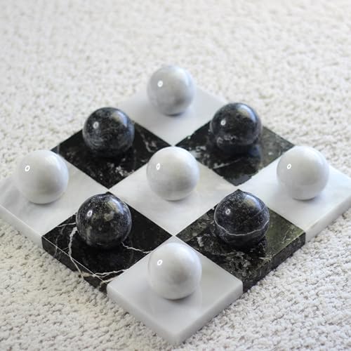 Marble Tic Tac Toe Set | Decorative Tic Tac Toe Game Set | Monochrome Coffee Table Decor - Coffee Table Game - Tabletop Game - Modern Home Decor - Functional Decoration (Black and White Marble)