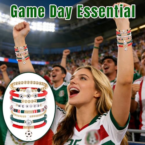 FBBP Mexico Bracelets for Women, Soccer Stackable Stretch Bracelets, Game Day Outfit Soccer Fan Accessories, Holiday Birthday Sports Gifts for Women Men Friends Family Adults