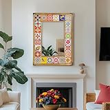 Mexican Talavera Tile Mirror, 24x18 inch Rectangle Mosaic Retro Gold Frame Bathroom Mirror for Wall, Spanish Mediterranean Tile Mirror for Entryway, Dining Room, Vanity, Living Room