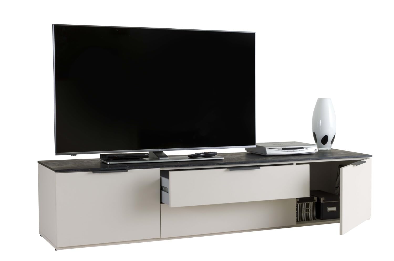 Composad | Mobile Porta TV della Linea Brina con 2 Ante e 2 Cassetti, Mobile Soggiorno Moderno, Base Tv, (LxAxP): 200x42,4x44,4 cm, Grigio Cashmere Topmatt e Marmo Blunt