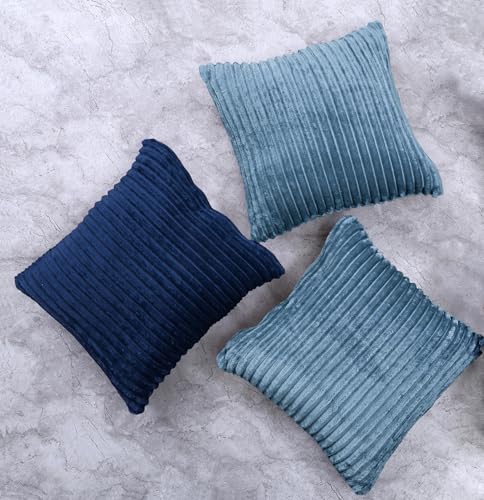 Image of Yellow Weaves Pencil-Stripe Fur Cushion Covers | Soft Polyester | Decorative Sofa & Throw Pillow Covers | 16x16 Inches, Pack of 3 (Blue & Sky Blue)