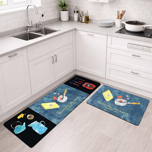 Image of Luxe Home Kitchen Mat Combo Beautiful and Happy Design Standing Desk Floor Mat Non Slip Kitchen Rugs, Comfort Runner Floor for Home Office, Sink & Laundry - Blue (116x36 & 58x36 cm PC-2)
