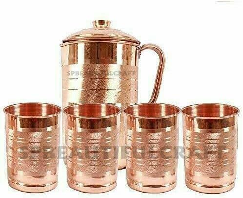 HRS India - Brocca per acqua in rame puro, 2 litri, 4 bicchieri in vetro, 300 ml, benefici per la salute ayurvedica