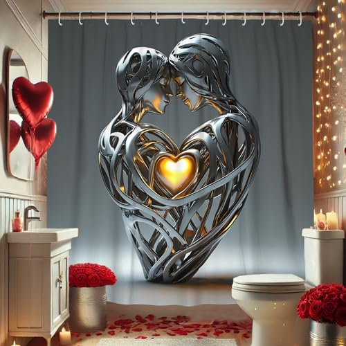 Duschvorhang-Set mit Metallic-Herz, romantisches Herz-Design für Badezimmer, Valentinstag, modern, künstlerisch, wasserdicht, Stoff, Duschvorhang-Set mit Haken, 183 x 183 cm