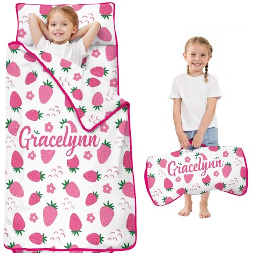 Personalized Strawberry Toddler Nap Mat with Removable Pillow & Blanket, Customized Kids Sleeping Bag with Name for Daycare Preschool, Toddler Sleeping Mat Nap Pad for Travel Camping