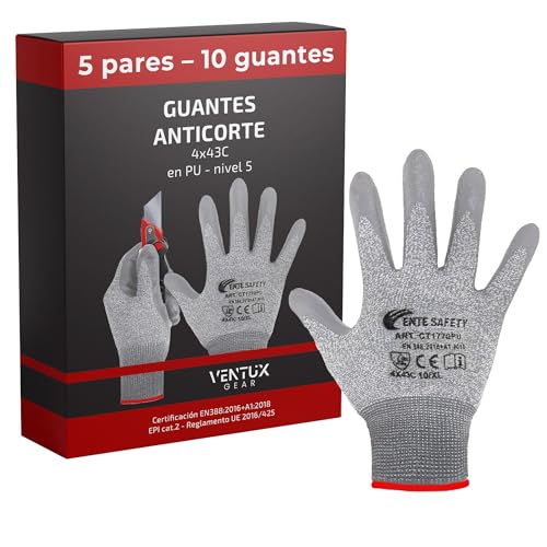 VENTUX GEAR 5 pares (Talla L) || Guantes anticortes 4x43C Protección Nivel 5 || Certificación EN388 || Guantes de trabajo || Resistentes y versátiles || ideales para trabajos de jardinería-cocina-DIY