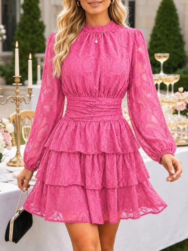 Image of Wenrine Womens Long Sleeve Mini Dress Floral Tiered Smocked Party Dresses | Cut Out, High Waist, Ruffle Design, Boho Style, Button Back, Night Out, Fall Winter