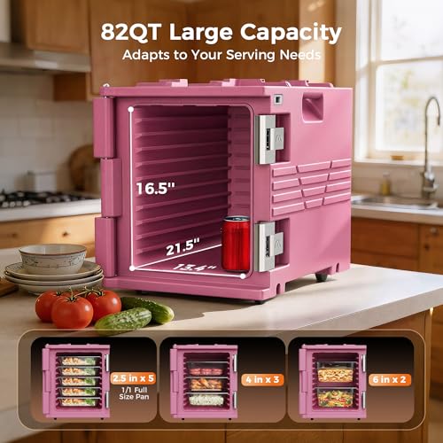 Image of CAMMOO Pink 82QT Non-Electric Hot Box Food Warmer with Wheels, 304 Stainless Steel Latch, Insulated Food Carrier for 5 Full-Size Pans(NOT Included), Food Warmer Box Hot Boxes for Catering