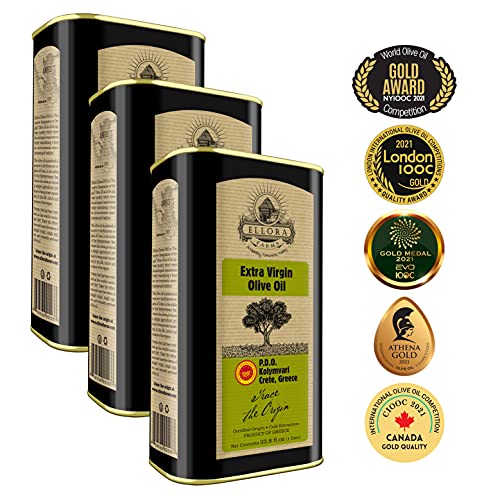 Ellora Farms, Greek Extra Virgin Olive oil, Certified Single Estate PDO, Traceable olive oil, Harvested in Crete, Kosher ek, 1 Lt. X 3 Tins, total 101.4 FL oz.