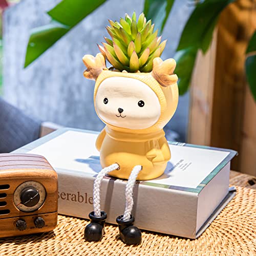 Künstliche Sukkulenten mit niedlichem Topf, Mini-künstliche Pflanzen für Wohnzimmer Schlafzimmer Dekor, Topf-Kunstpflanzen für Zuhause Büro Schreibtisch Regal Kamin Little Deer Cover