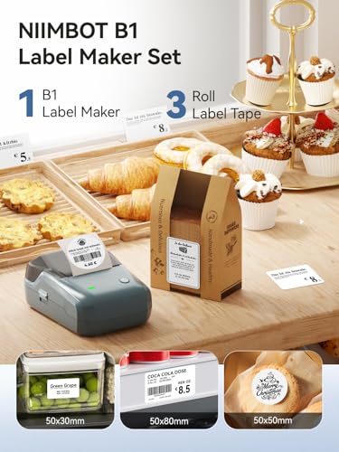 Image of NIIMBOT B1 Label Maker Machine with 3 Tapes, 50x30mm /50x80mm / 50x50mm Round Labels, Bluetooth Thermal Label Printer for Small Business,Office,Home,School (Blue, 1 Printer+3 Roll Label)