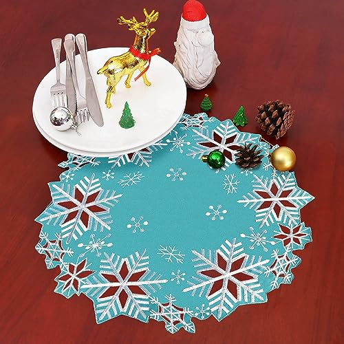 Simhomsen Set of 4 Embroidered Snowflakes Round Doily, Place-mats Round 15 inches for Christmas Holiday and Winter, Dining Table Centerpieces (Teal) by Simhomsen - Image 3