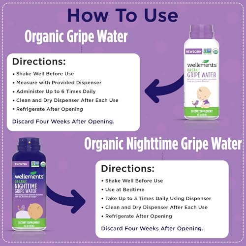 Image of Wellements Organic Gripe Water for Babies Day & Night Combo Pack (4 Fl Oz) - Infant Gripe Water Newborn Calms Occasional Stomach Discomfort from Baby Gas, Colic, Hiccups & Fussiness - USDA Certified