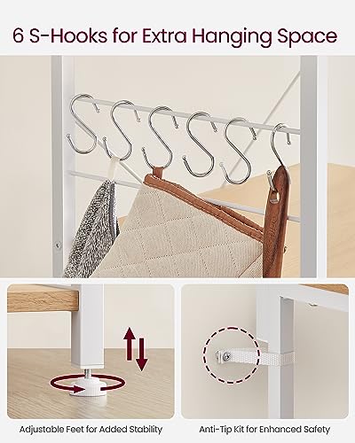 Image of VASAGLE Baker's Rack, Microwave Stand, Kitchen Storage Rack with Wire Basket, 6 Hooks, and Shelves, for Spices, Pots, and Pans, Golden Oak and Cloud White UKKS035W09