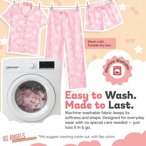 Image of US Angels Girls Pajama Set 3 Piece, Short Sleeve Button Down PJs with Shorts & Pants, Soft Sleepwear Girls & Tweens Size 5-16