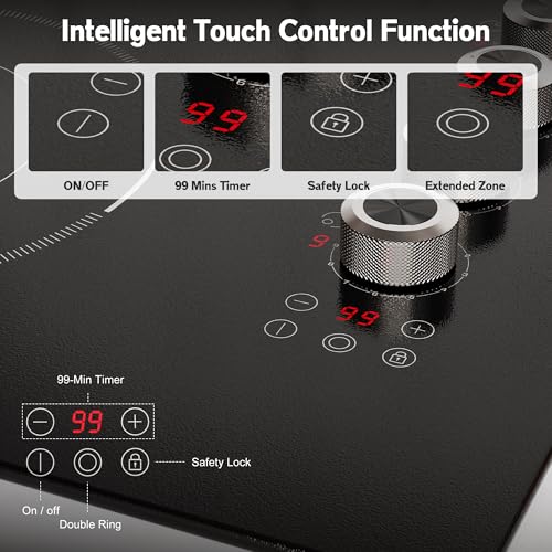 30 Inch Electric Cooktop 5 Burner Karienvir, 8600W Built-in Electric Stove Top, Cooktop 30" with Double-ring Burner, Knob & Touch Control, 9 Power Levels, Timer, Safety Lock, 220V-240V Hard Wire