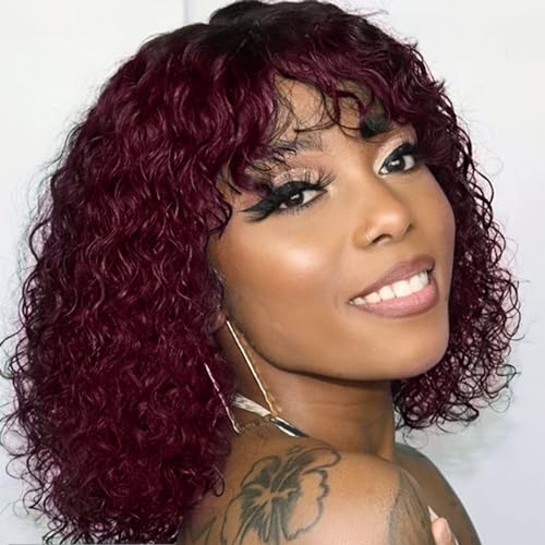 DÉBUT Short Curly Wigs with Bangs 1B Roots with 99J