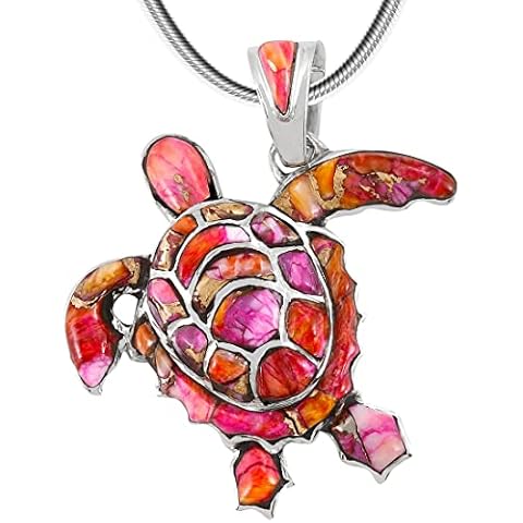 Turquoise Network Turtle Pendant Necklace 925 Sterling Silver Genuine Gemstones (Plum Spiny) Cover