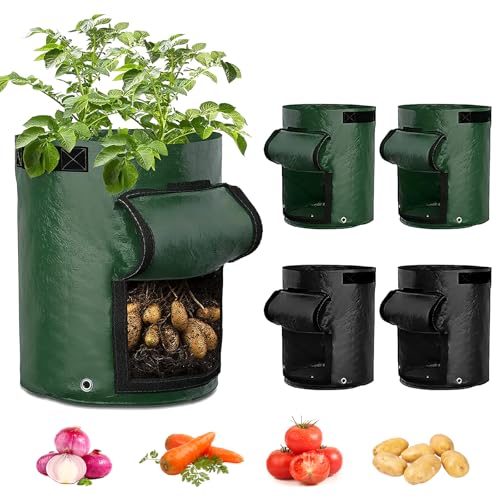 Sacs de culture de pommes de terre, Lot de 4 Sacs de culture de légumes de jardin, Sacs à Plantes en PE avec Fenêtre et Poignées, en tissu non tissé...