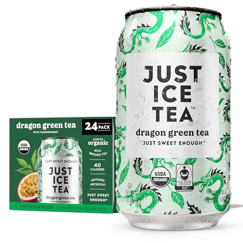 Image of Just Ice Tea, Dragon Green Iced Tea, 24-Pack (12oz Cans), Green Tea, USDA Certified Organic, Real Brewed, Low Calorie, No Artificial Sweeteners, Fair Trade, Made in USA.
