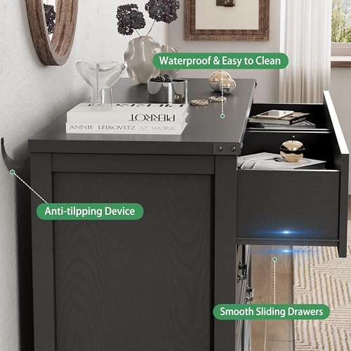 Image of Dresser for Bedroom with 6 Drawers, 54 inch Wide Wood Chest of Drawers with Deep Drawers & Mental Handle, Modern Dresser TV Stand, Wooden Closet Storage Organizer for Living Room, Hallway, Entryway, Black