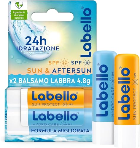 Labello Bipack Sun Protect SPF30 e Hydro Care SPF15 2 x 4.8 g, Burrocacao labbra in confezione doppia, Duo con burrocacao protezione solare idratante e balsamo labbra con filtri UVA/UVB
