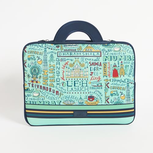 Image of Chumbak TEAL Traveller's Laptop Sleeve a€ inch 15 Inch, Blue, Soft Padded Laptop Case with Foldable Handles, Lightweight and Trendy for Office, College and Travel