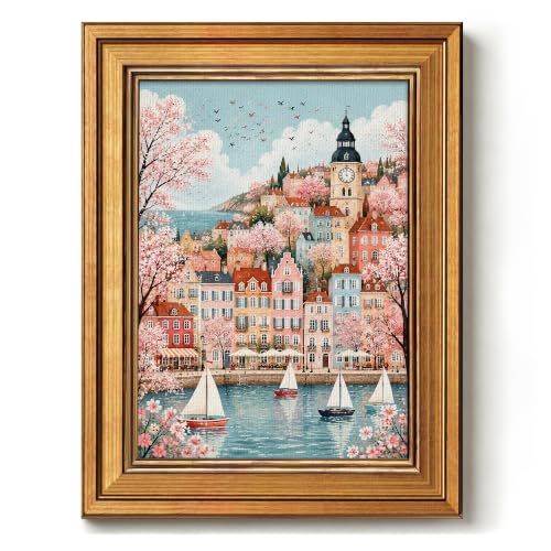 Vintage Gold Framed Sailing Town Wall Art, Spring Townscape
