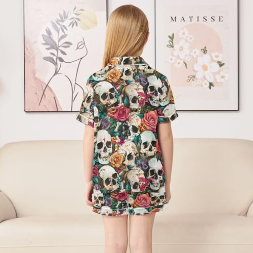 ALAZA Colorful Rose Blossom Sugar Skull Bone Satin Pajamas Set Short Sleeve Button Down Sleepwear Summer Pjs 2 Piece4