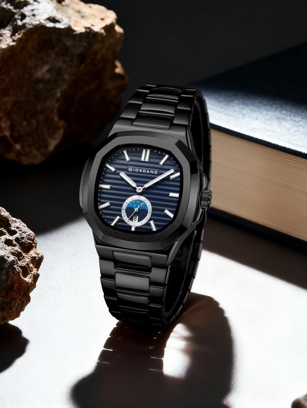 Image of Giordano Analog Watch for Men - Classic Moon Phase Design with Textured Dial, Durable Stainless Steel Strap, and Date Display