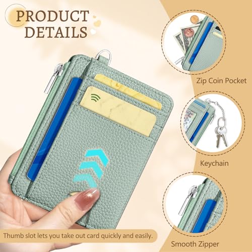 Image of Kelvoris Green Credit Card Holder Small Wallet Women, Minimalist Slim RFID | Keychain, Zipper Coin Pocket, Front Pocket Thin Travel Card Case, Minimalist, 6 Card Slots, 1 ID Window, Ladies Gifts Woman