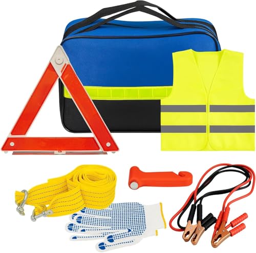 FERNVALE 7-in-1 Car Emergency Kit Roadside Breakdown Assistance with Jump Leads 3-Ton Tow Rope Warning Triangle Hi-Vis Vest Emergency Hammer & Gloves Portable Automotive Safety Tool