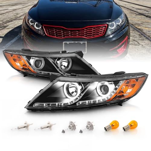 AmeriLite for 2011-2015 Kia Optima Halogen Model Xtreme LED Halo Rings Projector Black Replacement Headlights Set - Driver and Passenger Side