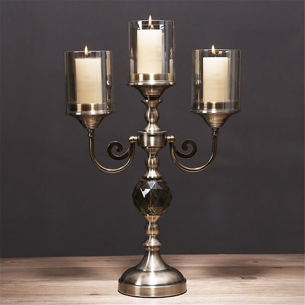 Französische romantische Kerzenständer, Retro Metall Glas DREI-Kopf Leuchter Licht Luxus Hause Dekoration Ornamente Kerze Halter Dekor(L)