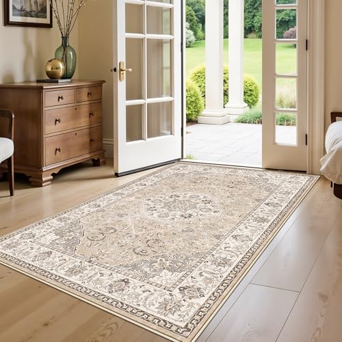 Living Room 4x6 Area Rugs: Vintage Farmhouse Washable Non-Slip Rug for Bedroom Dining Room Ultra Soft Indoor Carpet for Nursery Kitchen Durable Low-Pile Neutral Floor Mat for Pet Owners(4x6 Beige)
