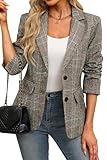 ELLEVEN Womens Casual Plaid Blazer Lapel Collar Double Button Long Sleeve Boyfriend Blazer Suit Houndstooth Plaid Blazer Jacket Business Work Office Blazer Suits Khaki Plaid Small