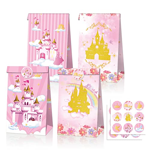 Saco de presente de lembrança de festa de princesa, sacos de guloseimas de castelo de princesa rosa, sacos de presente de festa de aniversário com tema de princesa, 12 peças
