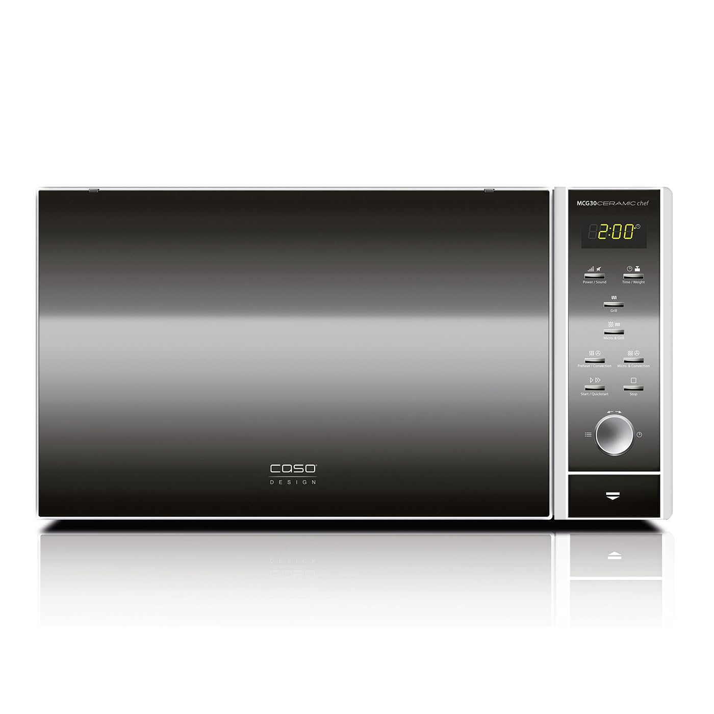 CASO Micro-ondes MCG30 Ceramic Chef 3 en 1 avec grill + air chaud 2100W 30L, base en verre borosilicaté, grille pour 2 niveaux, fonction four jusqu'à 200°C, acier inoxydable, argent