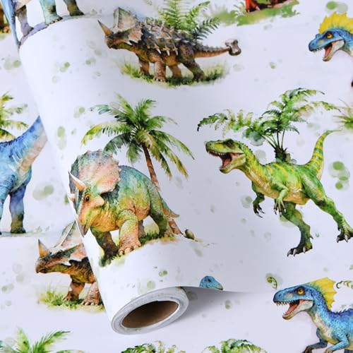 Sikiweiter Dinosaur Wrapping Paper Roll - Watercolor Dino & Palm Tree Design - 17 inch x 16.5 feet(Dinosaur)