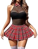 Avidlove Schoolgirl Lingerie for Women Sexy Student Roleplay 2 Piece Lingerie Set Snap Crotch Teddy and Plaid Skirt