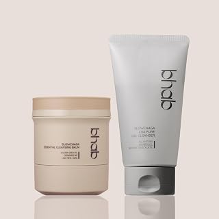 BHAB SLOWCHAGA Double Cleansing Skincare Set - Makeup Remover Cleansing Balm + pH 5.5 Gel Cleanser with BHA AHA LHA, Hyaluronic Acid & Ceramides - Pore Cleansing & Barrier Safe Korean Skincare