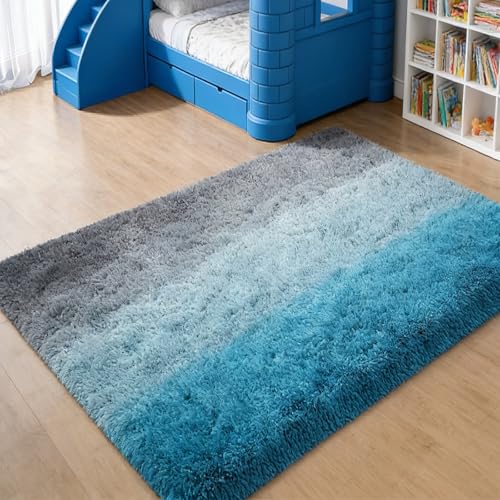 Tapis salon lavable machine 190x400 rectangulaire shaggy bleu