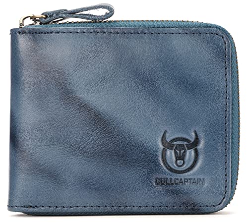 BULLCAPTAIN Mens Genuine Leather Zipper Wallet RFID Blocking Bifold Secure