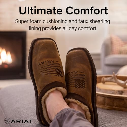 ARIAT Men's House Slippers, Patriot Square Toe, Leather with Faux Shearling Lining3