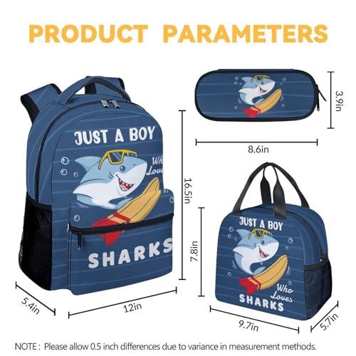 Shark Boys Backpack with Lunch Box Set, 3 in 1 School Backpacks Matching Combo, Cute Blue Bookbag and Pencil Case Bundle4
