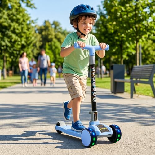 Image of NHR 3-Wheel Kick Scooter for Kids with Adjustable Height, Smart Tilt-to-Steer Balance Control, Heavy Duty PU Wheels & Rear Foot Brake (Blue)