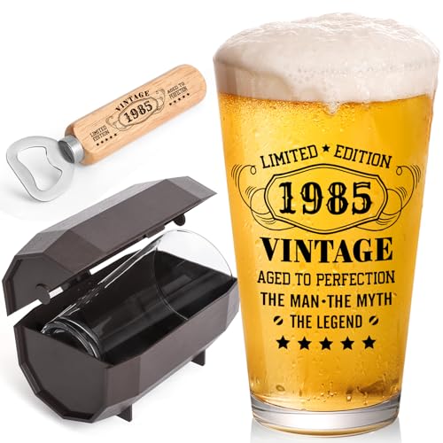 WelDesine 40th Birthday Gifts for Men, Vintage 1985 Beer Glass Set of 16oz in Barrel Box, 40 Year Old Gift Ideas for Him Husband Dad, Pint Glass for 40th Birthday Decorations & Wedding Anniversary