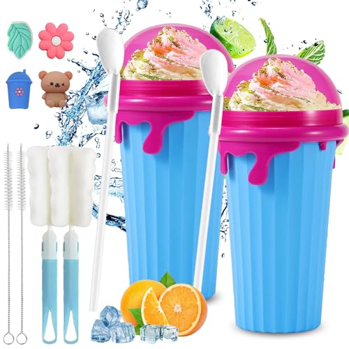 Slush Becher,2 Pcs 500ml Slushie Maker Becher,Slush Becher maker Silikon Squeeze Cup,DIY Slushy Maker Cup Gefrorene Maker Smoothie Becher Sommer-Slush Cup mit Strohhalmlöffel