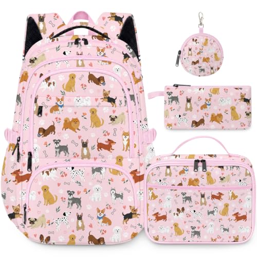 Yogusut Dogs Backpack for Girls Cute Kids School Backpack with Lunch Box Pencil Case and Coin Pouch School Bookbag for Teens Elementary 17in